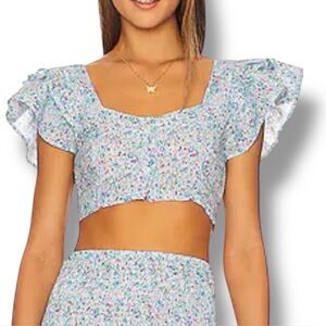 Place Nationale Le Vauclin Crop Top 100% Linen Floral Print Flutter Sleeves XS